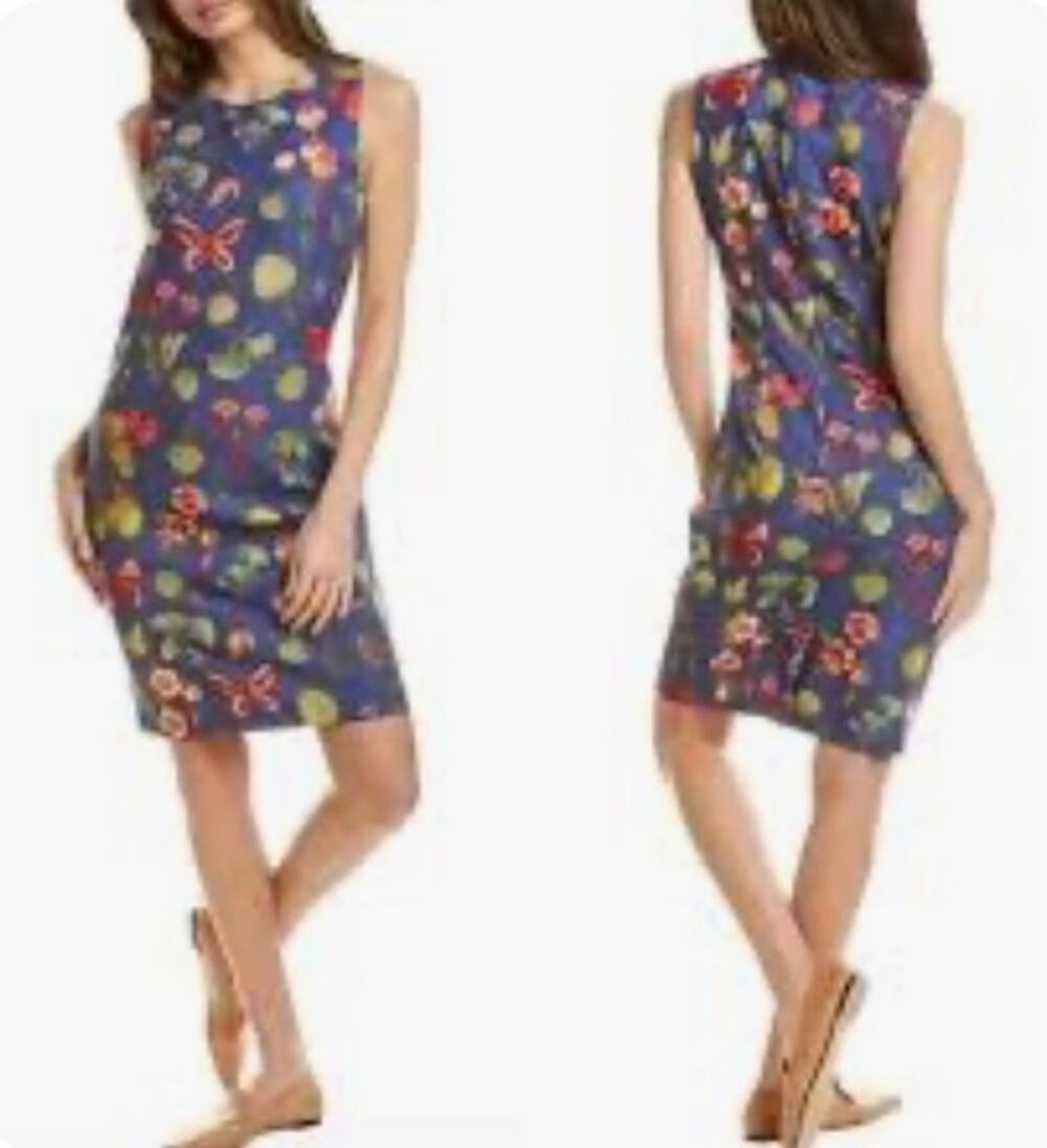 J. McLaughlin Belinda Dress Sleeveless Floral Sheath Stretch Blue 14 Resort